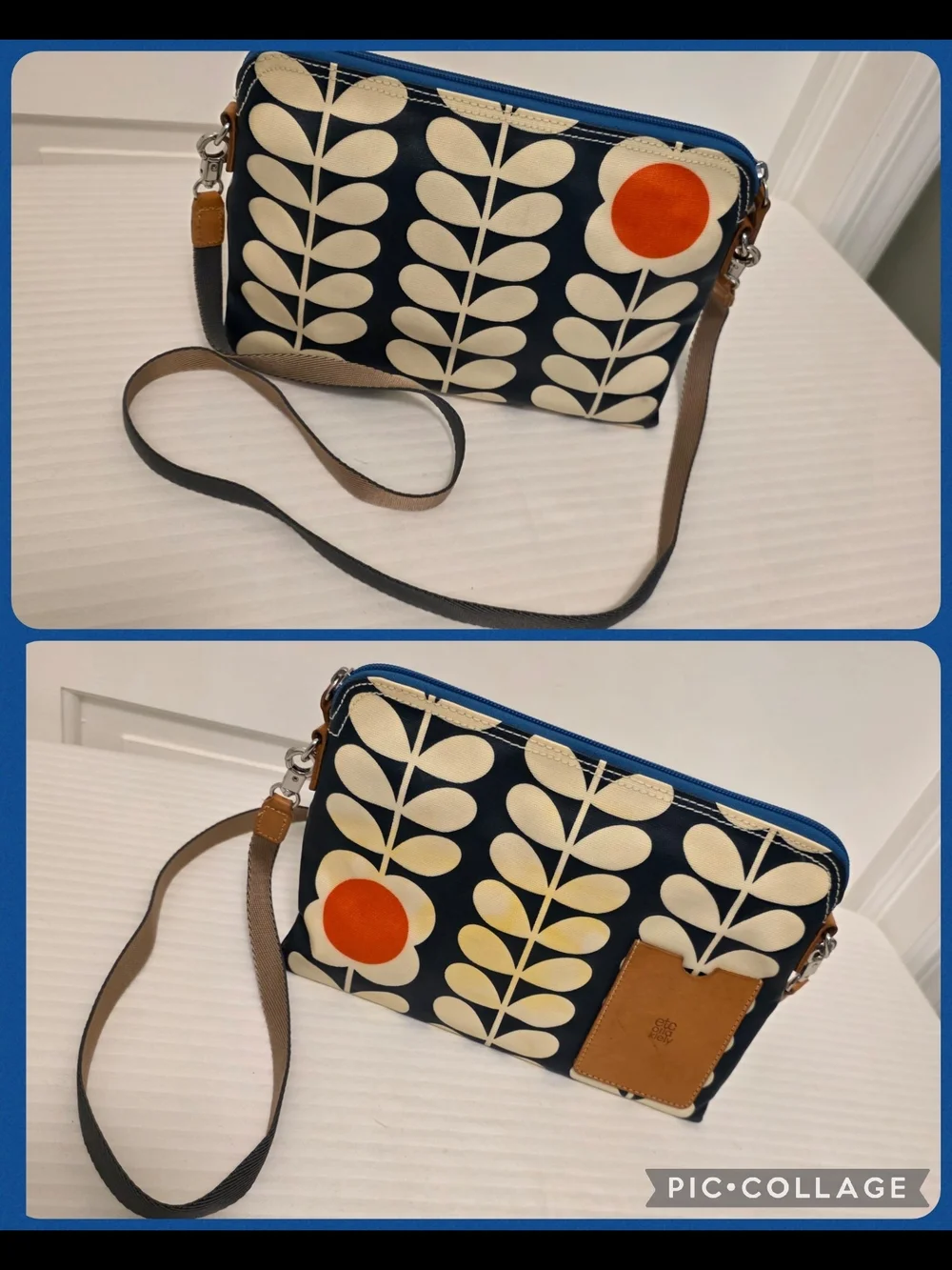 Orla Kiely Navy Crossbody/Clutch W/ Cream Stem Pattern & Orange Dot Lightweight